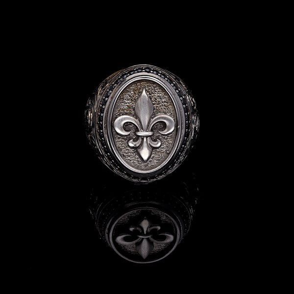 Men’s Sterling Silver Fleur De Lis Champagne Stone Oval Ring