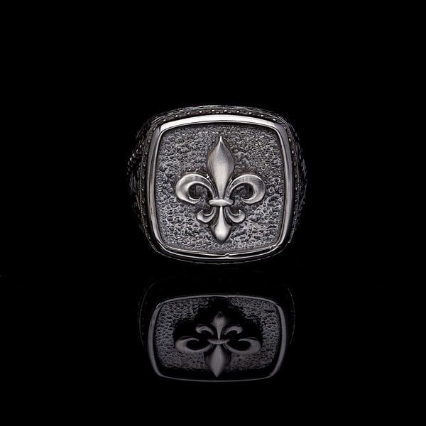 Men’s Sterling Silver Fleur De Lys Champagne Stone Ring