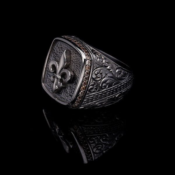 Men’s Sterling Silver Fleur De Lys Champagne Stone Ring