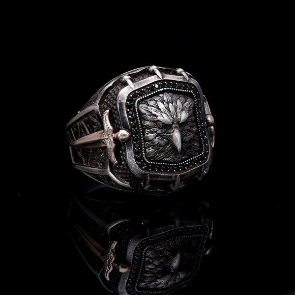 Men’s Sterling Silver Black Stone Eagle Ring