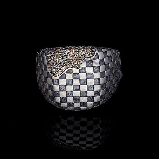 Men’s Sterling Silver Checkered Ring with Champagne Stones