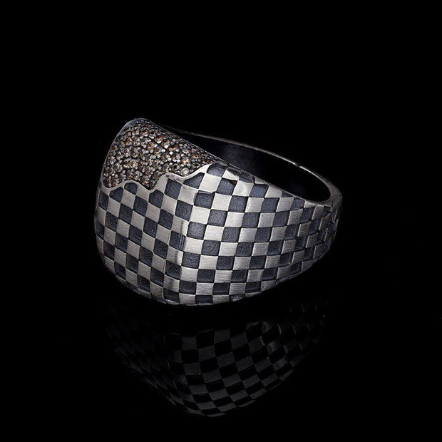 Men’s Sterling Silver Checkered Ring with Champagne Stones