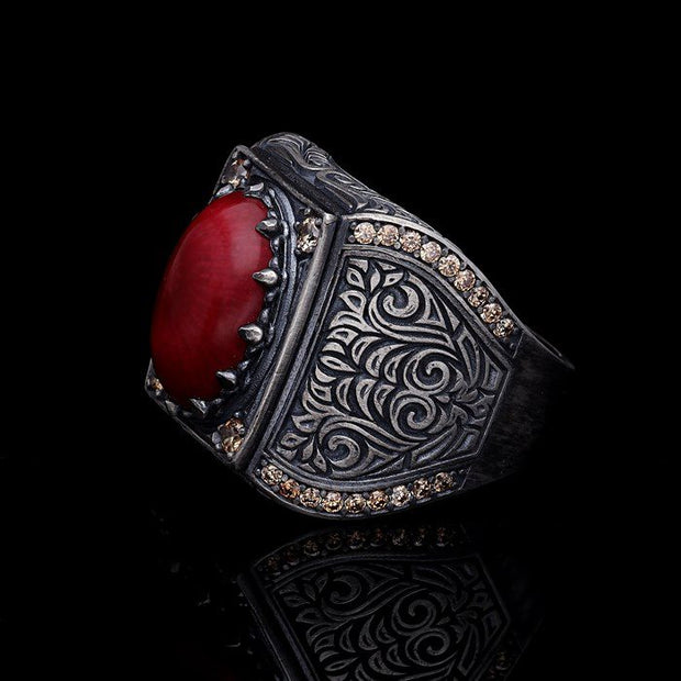 Men’s Sterling Silver Coral Rectangular Ring