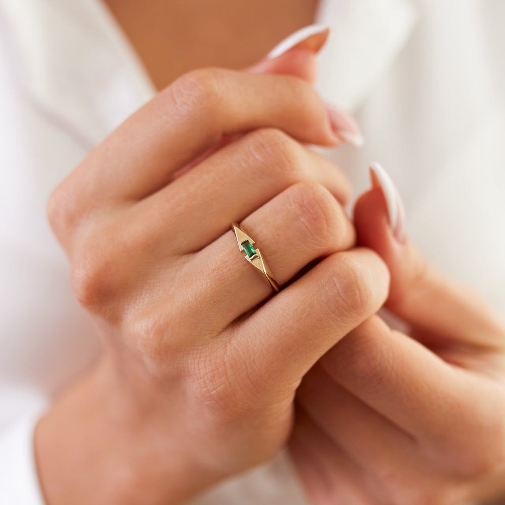 14k Gold Lab Emerald Baguette Pyramid Ring