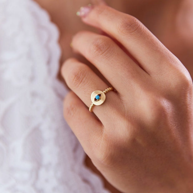 14k Gold Turquoise Eye Model Ring