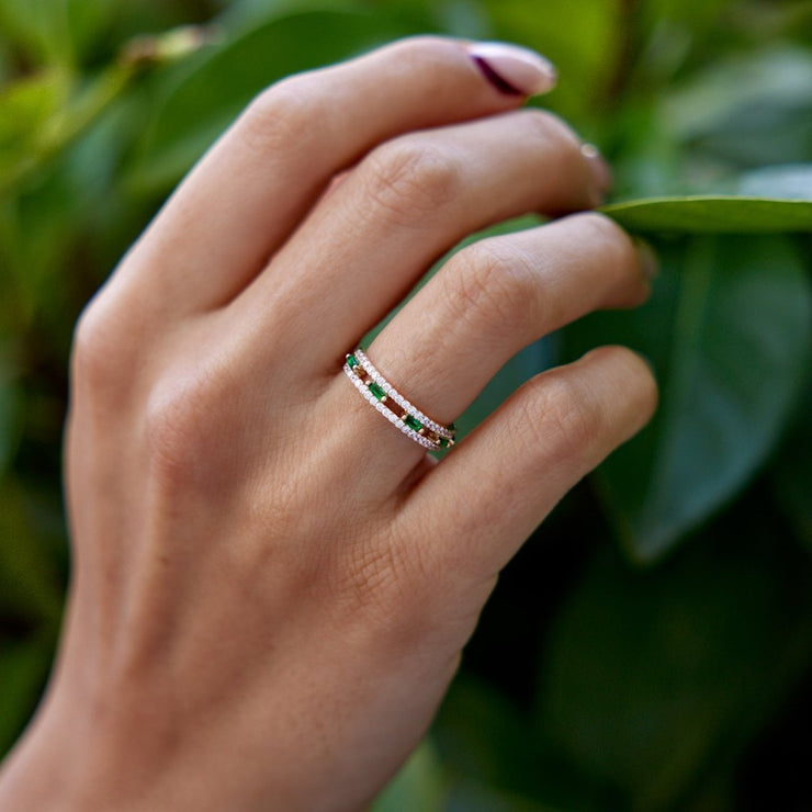 14k Gold Light Green Baguette Spaced Ring Between Two Full Bands