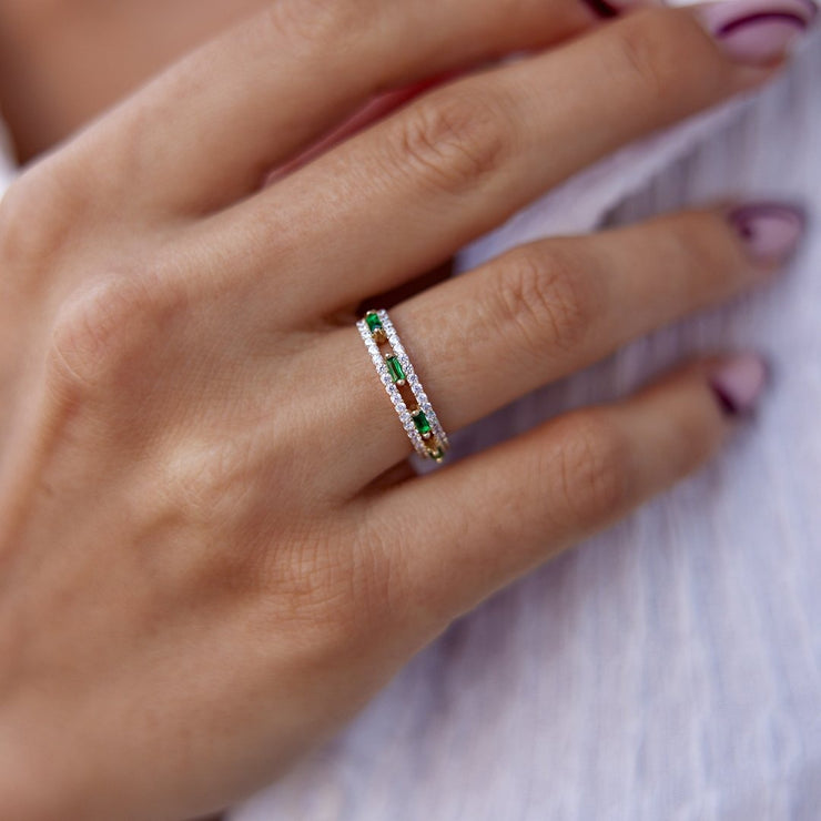 14k Gold Light Green Baguette Spaced Ring Between Two Full Bands