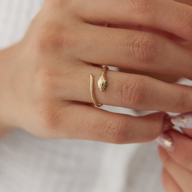 14k Gold Green-Eyed Snake Ring