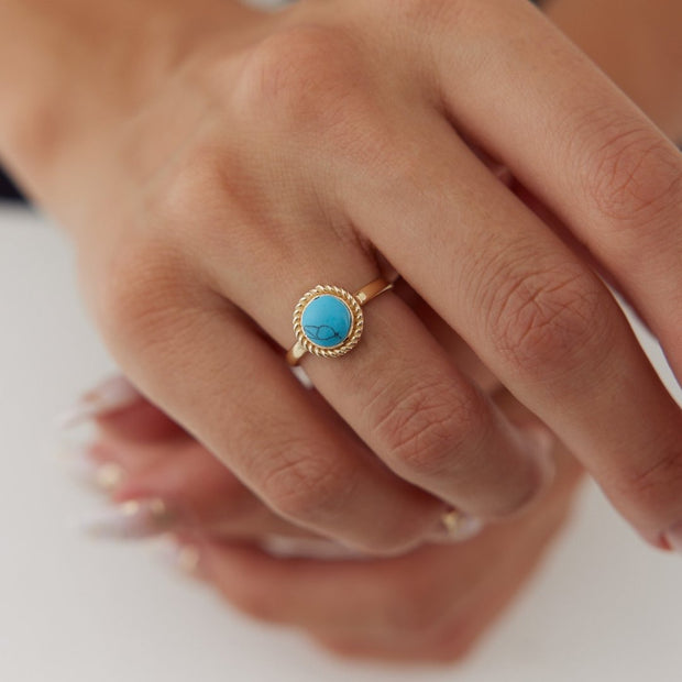 14k Gold Embroidered Detail Turquoise Ring