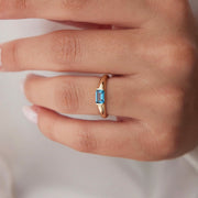 14k Gold Aqua Blue Baguette Domed Ring