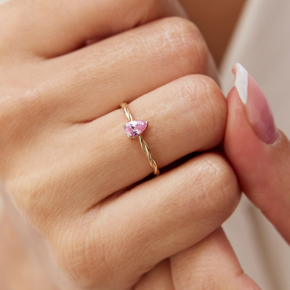 14k Gold Pink Tourmaline Teardrop Twisted Ring