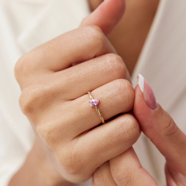 14k Gold Pink Tourmaline Teardrop Twisted Ring