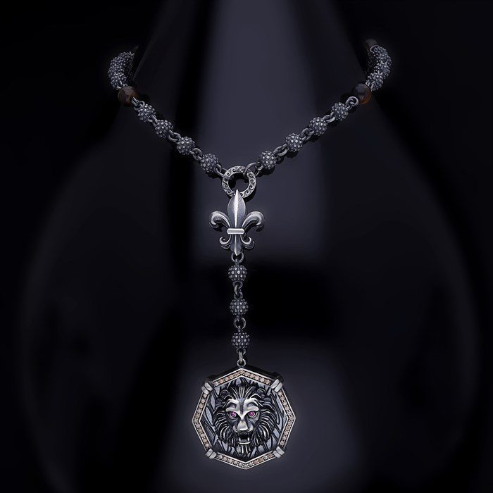 Men’s Sterling Silver Lion Embroidered Fleur De Lis  Necklace