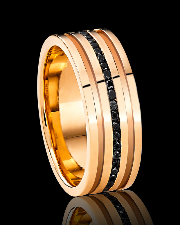 Triple Channel Wedding Band in Solid Gold and Black Diamonds